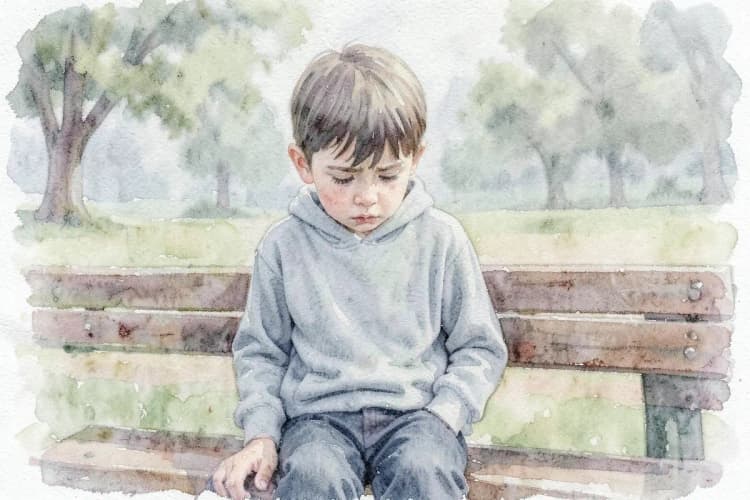 Menino com expressão triste olhando para baixo, sentado sozinho em um banco de parque.