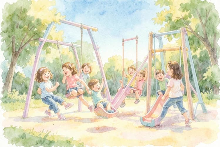 Grupo de crianças brincando juntas em um parquinho, interagindo e sorrindo.