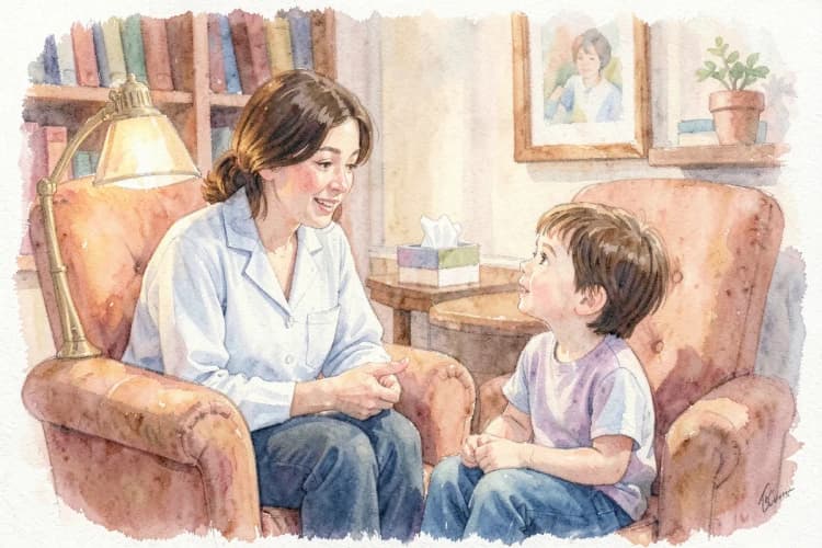 Psiquiatra infantil conversando gentilmente com uma criança em um consultório acolhedor.