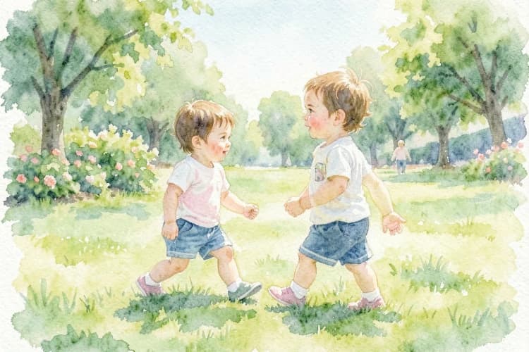 Duas crianças brincando juntas em um parque, uma delas olhando para a outra com cumplicidade.