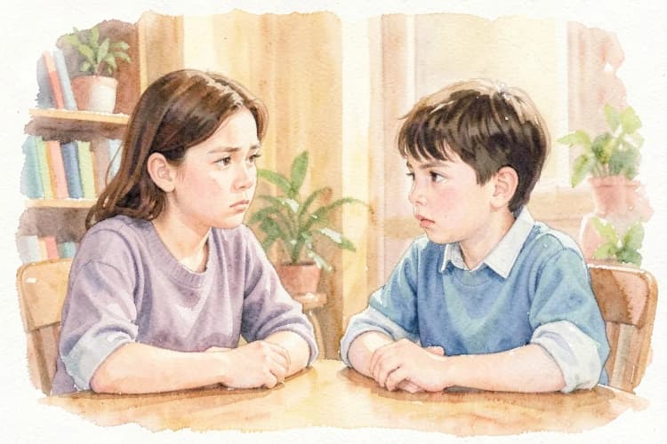 Mãe conversando com o filho em casa, ambos sentados à mesa, com expressão séria.