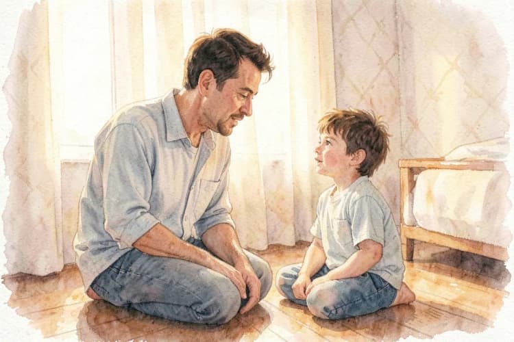 Pai ajoelhado conversando com o filho no quarto, olhar compreensivo.